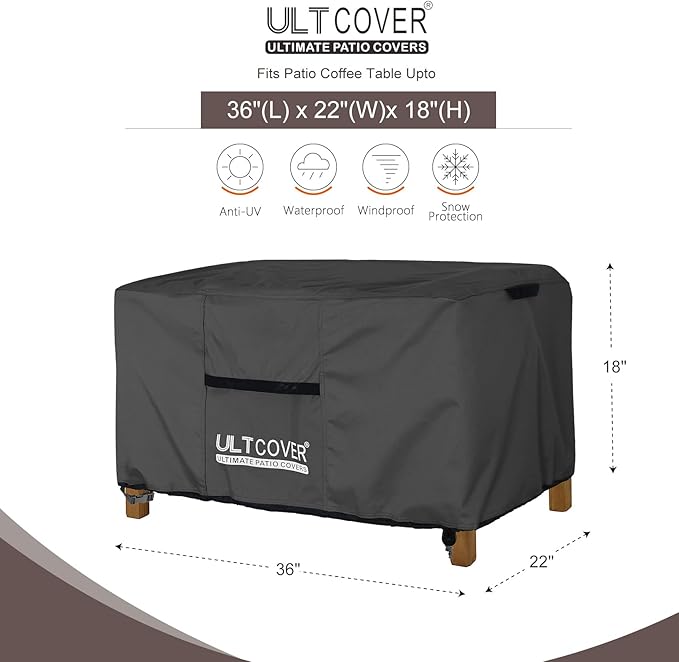 ULTCOVER Patio Coffee Table Cover, Waterproof Rectangular Outdoor Small Side Table Cover 36x22x18 inch, Black