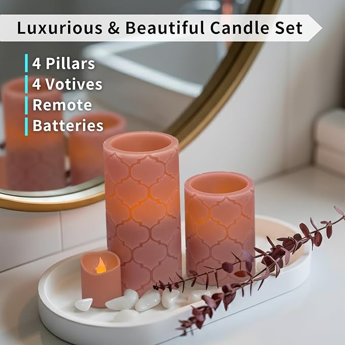 FURORA LIGHTING Dusty Rose Nordic Real Wax Flameless LED Candles with Remote & Timer (2/4/6/8H), Elegant and Romantic Glow, Pack of 8, Batteries Included