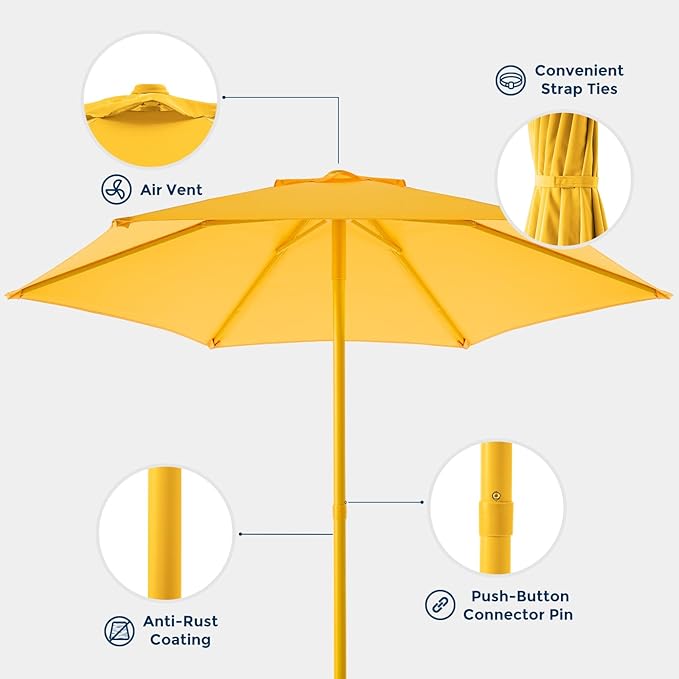 HOMSHADE 7.5ft Outdoor 1S Push-Up Patio Umbrella - Market Table Pool Deck Umbrella UPF50+ UV Protection with 6 Sturdy Ribs for Balcony, Garden, Lawn, Backyard (Light Yellow)