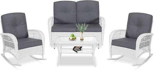 VIVIJASON 4-Piece Patio Wicker Conversation Set, All Weather Outdoor Rattan Furniture Set Includes Glider Loveseat, Coffee Table, 2 Rocking Chairs with Cushions for Backyard, White/Grey