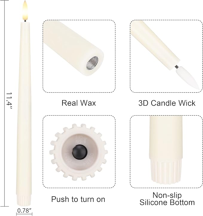 Flameless Taper Candles with 3D Wick, 11.4" Real Wax LED Candles with Remote and Timer, 6 Pack Flickering Candlesticks Battery Operated (Ivory)