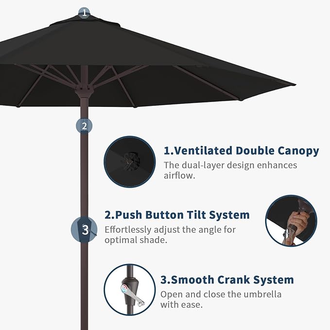 9FT Patio Umbrella Outdoor Table Umbrella w/Push Button Tilt and Crank, 8 Sturdy Ribs, UV Resistant Waterproof Market Umbrella for Pool, Deck, Backyard, Garden, Black
