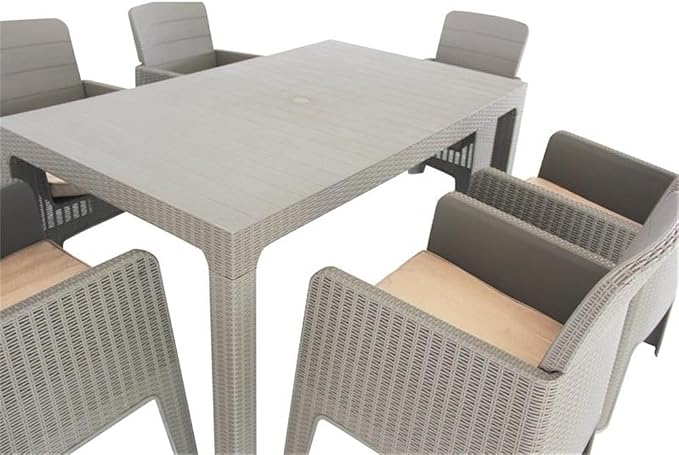 Pemberly Row 7-Piece Patio Dining Set, Gray Faux Rattan and Wood Finish, Durable Plastic, Beige Cushions, Rectangular Table with Umbrella Hole, Foldable and Stackable Armchairs, UV Protected, Outdoor