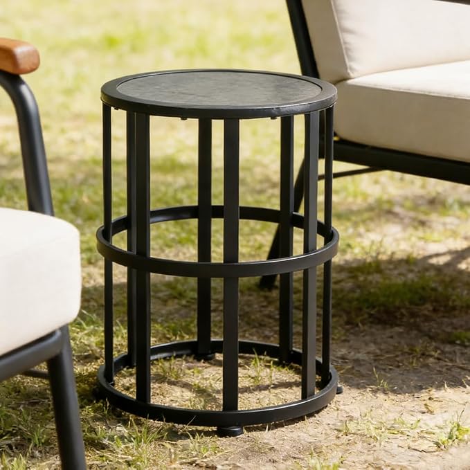 Patio Side Table with Ceramic Tile Top and Powder Coated Iron Frame - Lightweight, Weatherproof Outdoor Accent Furniture, Grey Finish