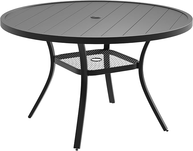 DIFY 47.2" Outdoor Dining Table for 6, Metal Slat Round Patio Table with 1.57" Umbrella Hole, Black Round Patio Dining Table for Garden Backyard Porch