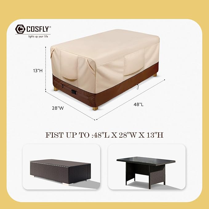 COSFLY Waterproof Patio Furniture Table Covers Durable, Rectangular Outdoor Coffee Table Covers - Fits up to 48L x 28W x 13H inches