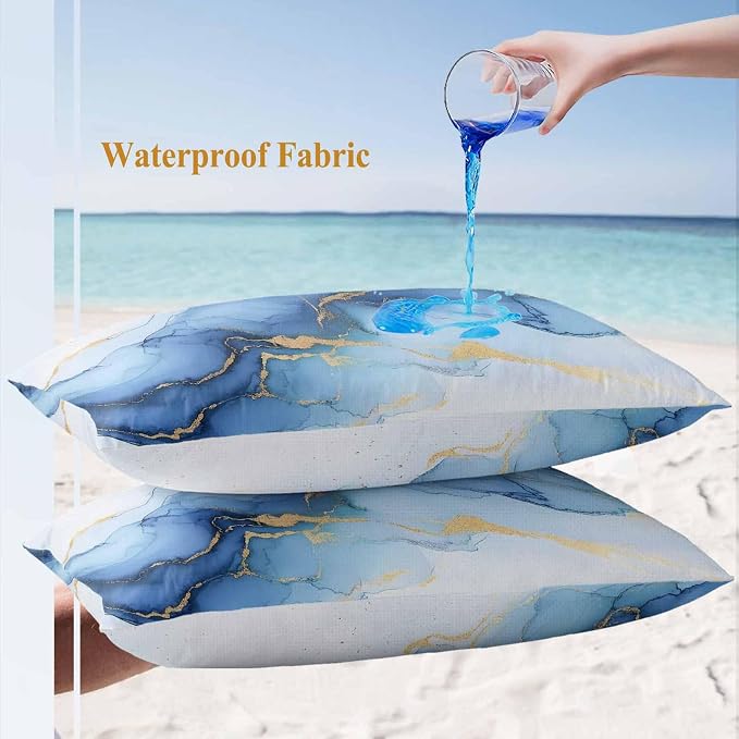 Abstract Marble Texture Outdoor Waterproof Throw Pillow Covers Set of 2, 20"x12", Gold Blue Gradient Modern Art Decoration Decorative Pillow Covers Outside Cushion Case for Patio Porch Garden