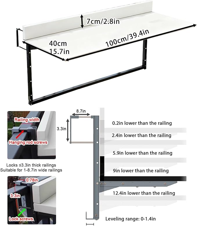 Outdoor Balcony Bar Table for Railings Aluminium Folding Balcony Shelf 5 Height Adjustable Wall-Mounted Side Table Saving Space 120 lbs Loading Serving Table for Patio Deck(White,39.4x15.7in)