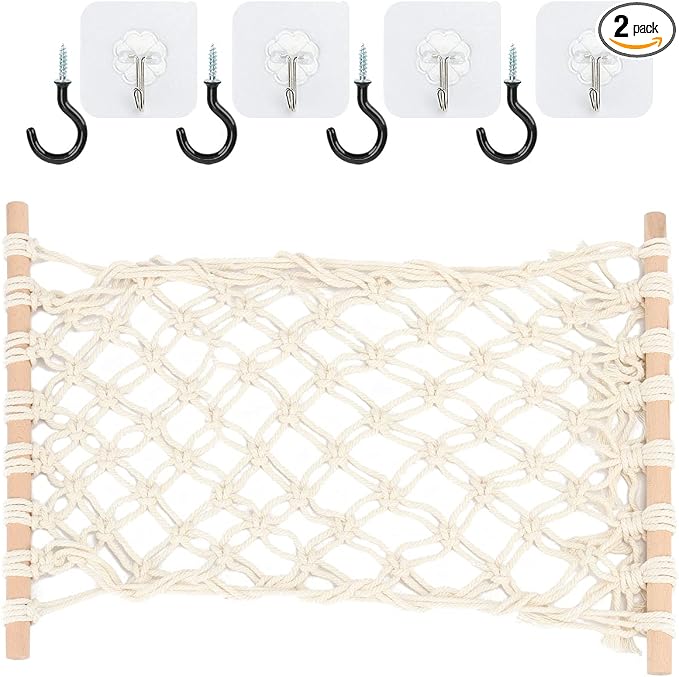 2 Pack Hanging Fruit Hammock Under Cabinet Hanging Basket Includes Hooks - Macrame Bohemian Hanging Banana Vegetable Hammocks Kitchen Storage Counter Space Saving Decoration at Home, Boat, Rv(Style B)