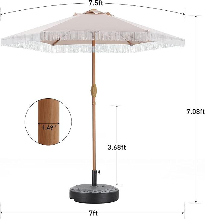 GDY 7.5 ft Tassel Patio Umbrella, Fringe with Umbrella Base - Stylish Beach, Pool, and Yard Umbrella for Ultimate Outdoor Decor, Khaki