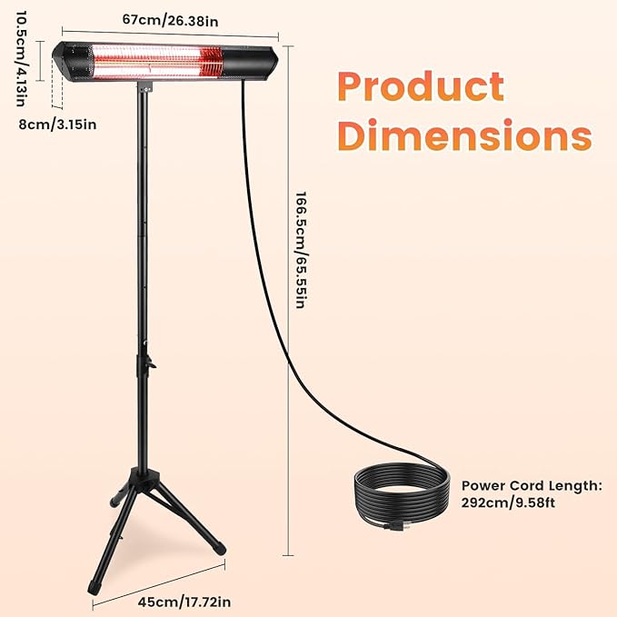 Outdoor Heaters for Patio, 1500W Infrared Heater with Stand, IP65 Waterproof Electric Patio Heater Tripod Wall Mount, 3 Heating Levels, Remotes, Timer for Garage Yard Home