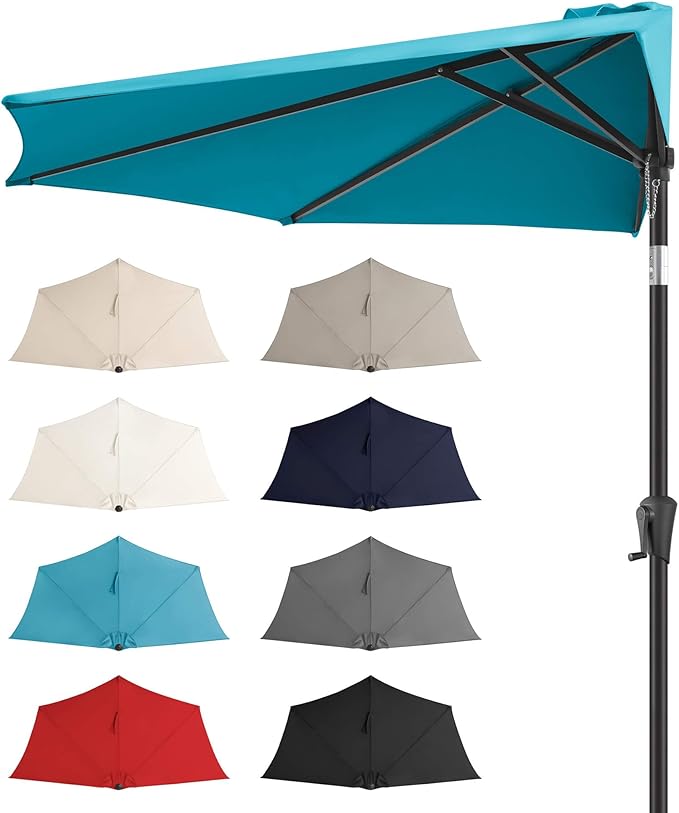 FLAME&SHADE 9ft Half Patio Umbrella - Half Outdoor Umbrella with Tilt UV Protection Waterprool, Half Round Table Umbrella for Wall Balcony, Pool, Porch, Garden, Deck, Market, Backyard (Aqua Blue)