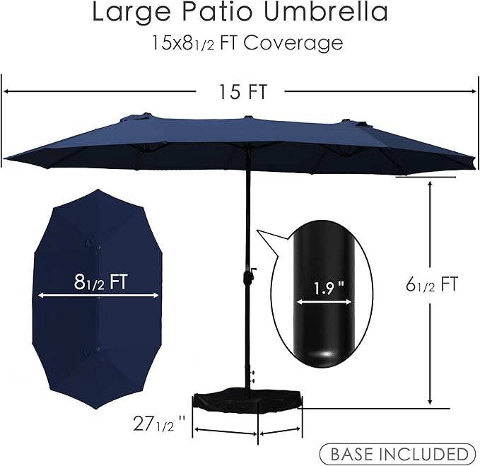 Kozyard 15 FT Double-Sided Rectangular Patio Umbrella, Base Included, Crank Lift Outdoor Patio Umbrella with UV Protection for Backyard, Pool & Garden Navy Blue