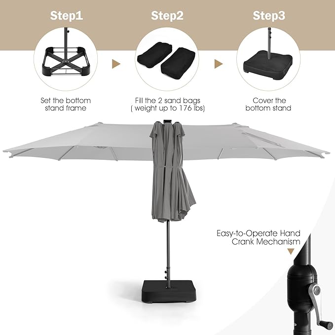 Giantex Large Outdoor Umbrella Double-Sided, 48 Solar Lights, Auto-Charging Solar Panel, Extra Large Patio Umbrella with Base and Crank, Outdoor Market Umbrellas for Poolside Garden