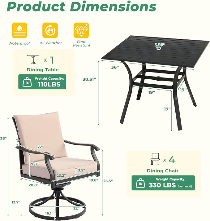 LVUYOYO 5-Piece Outdoor Patio Dining Set, Metal Swivel Chairs & Square Table Set, All-Weather Furniture for Backyard, Garden,Balcony,Porch (1 Square Table+ 4 Swivel Chairs)