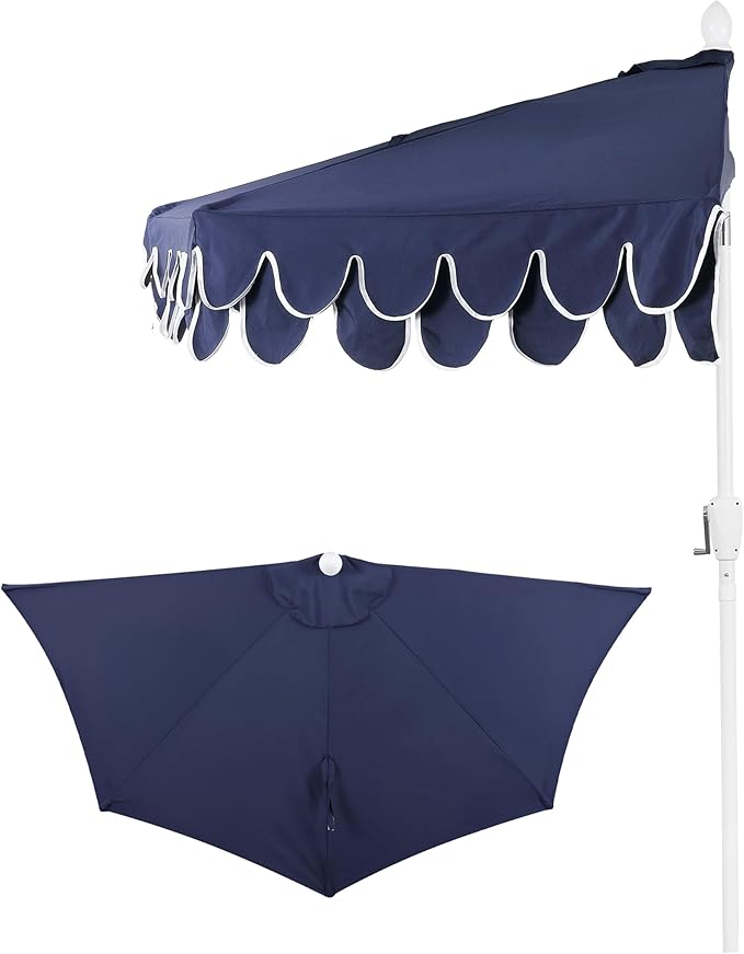 JONATHAN Y Terrace Scalloped 9 ft. Half Round Patio Umbrella with Crank Lift and Tilt, Coastal Semicircle Market Wall Umbrella for Balcony, Navy/White, White Pole UMB1202G