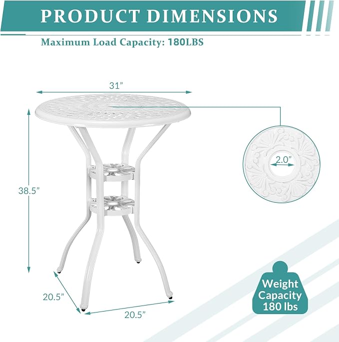 MEETWARM Patio Height Bar Table, 31" Bar Height Bistro Table, Outdoor Cast Aluminum Bistro Round High Top Dining Table with 2" Umbrella Hole for Garden Deck Backyard, White