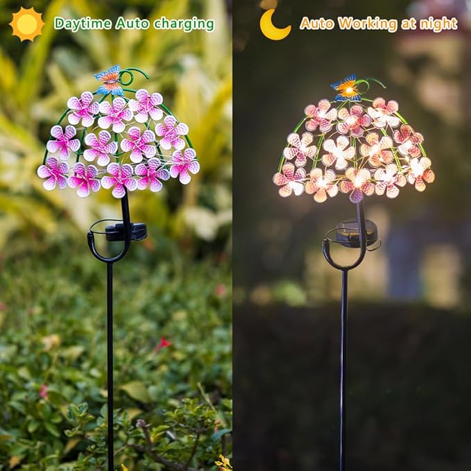 Solar Garden Lights,Flowers＆Butterfly Decorative Garden Stakes,Waterproof Metal Spring Yard Art Decor,Solar Lights Outdoor for Outside,Lawn,Garden,Patio