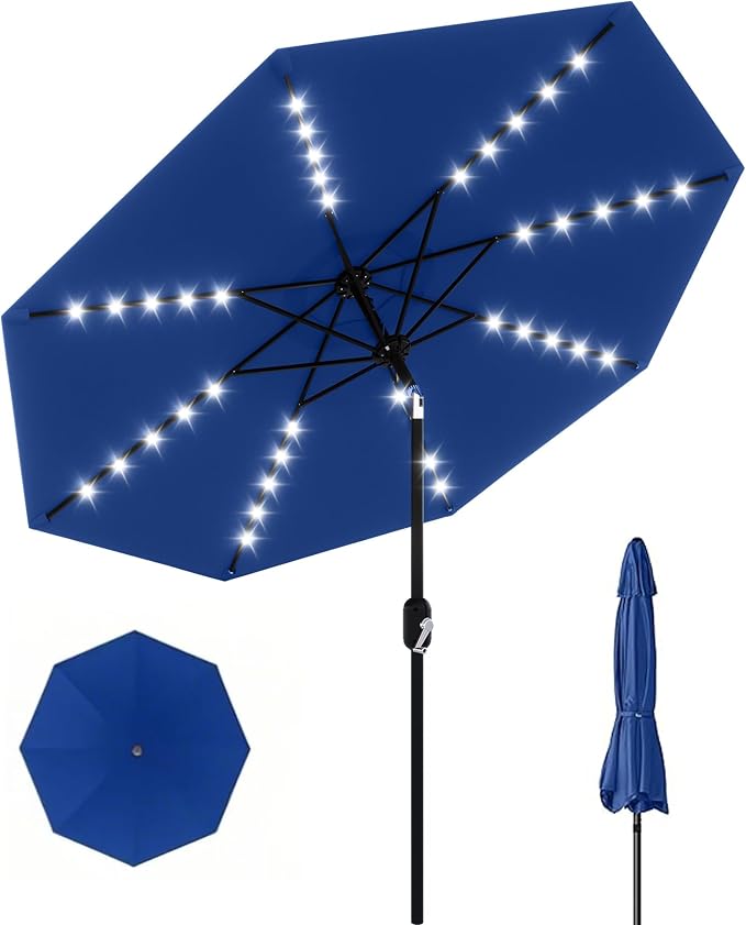 GarveeLife 10 ft Patio Umbrella with Solar Lights, 8 Ribs Outdoor Market Table Umbrella with 40 LED Lights & Tilt Crank for Pool, Deck, Backyard, Navy Blue