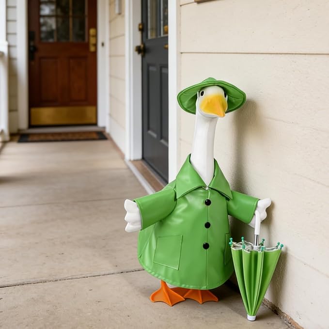 STONESTAR Raincoat Porch Goose Outfits with Umbrella Hat, Goose Spring Outfit Lawn Goose Raincoat Clothes Costume Fits 23" Geese Statue, Summer Garden Lawn Patio Yard Outdoor Decor (Raincoat-Green)