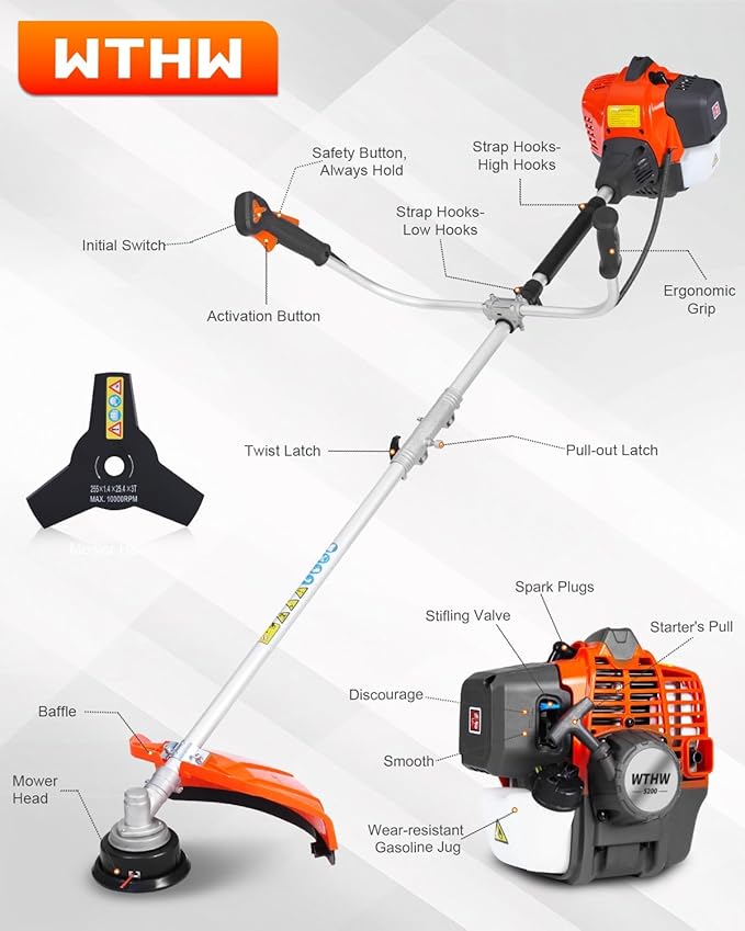 52CC Gas Powered Weed Eater, 3-in-1 String Trimmer/Brush Cutter/Edger – 18″ Cutting Swath, Balanced 18.5LB Design, Full-Crank 2-Stroke Engine, Quick-Start System for Effortless Yard Care (Red)