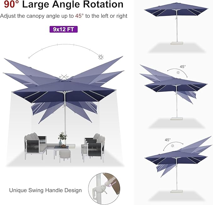 PURPLE LEAF 9' X 12' Right-left Tilt White Patio Umbrella with Base Cantilever Outdoor Swivel Umbrellas with Aluminum Tilt Offset Umbrella with 360° Rotation for Deck Pool, Navy Blue