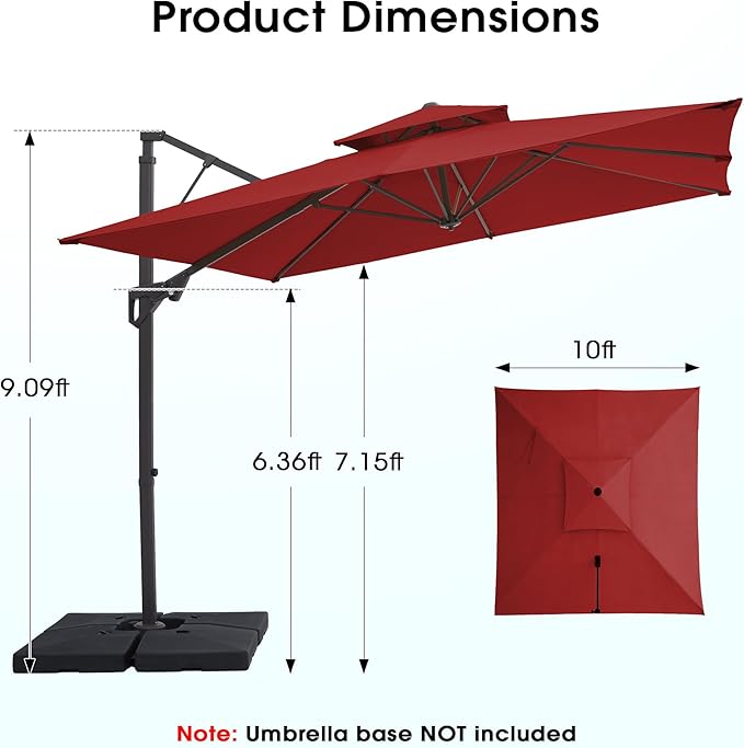 JEAREY 10ft 2-Tier Cantilever Patio Umbrella, Large Square Outdoor Offset Umbrella with Double Top Vent and 360-degree Rotation for Garden, Deck, Pool, Patio, Red