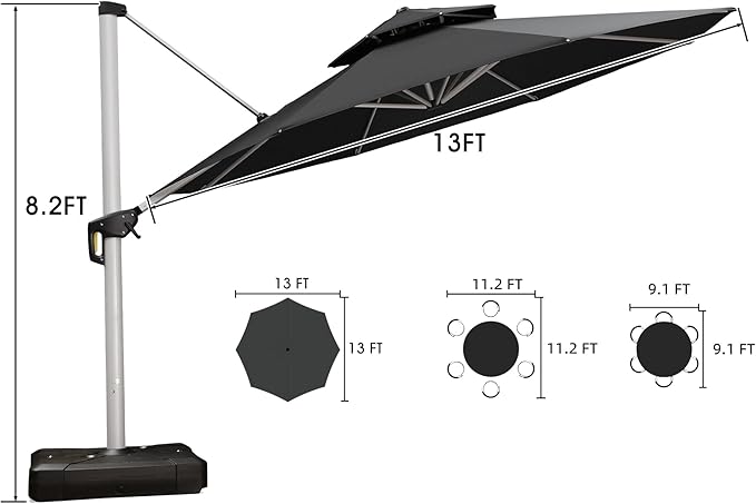 PURPLE LEAF 13 FT Cantilever Patio Umbrellas with Base Included, Large Round Offset Umbrella with 360° Rotation, Outdoor Aluminum Pool Umbrella for Pool Lawn Garden, Black