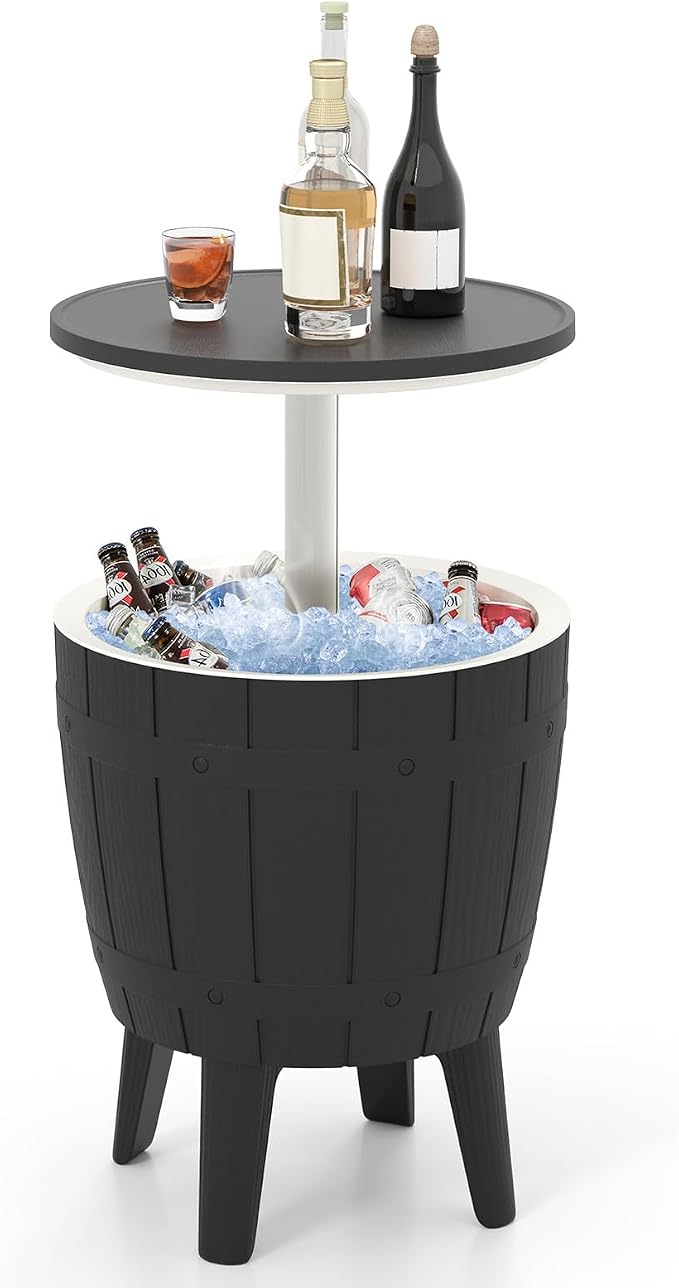 COSTWAY Outdoor Cooler Bar Table, 10 Gallon Cooler with Height Adjustable Tabletop, 3-in-1 Ice Bucket for Beer & Wine, All-Weather Cocktail Table for Backyard, Party, Poolside (Black)