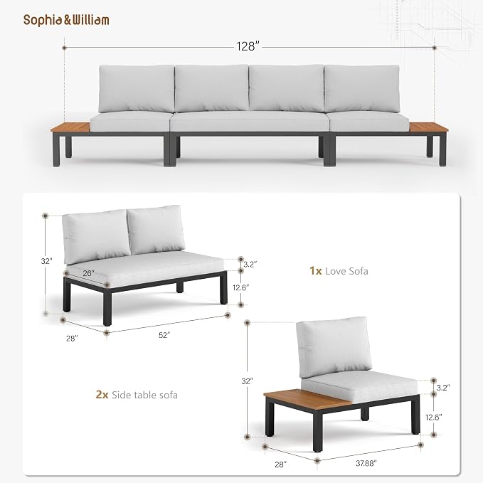 Sophia & William 3 Pieces Outdoor Patio Furniture Set, Metal Sectional Sofa Set Patio Conversation Set with Cushions-2 x Single Sofa with Side Table, 1 x Loveseat