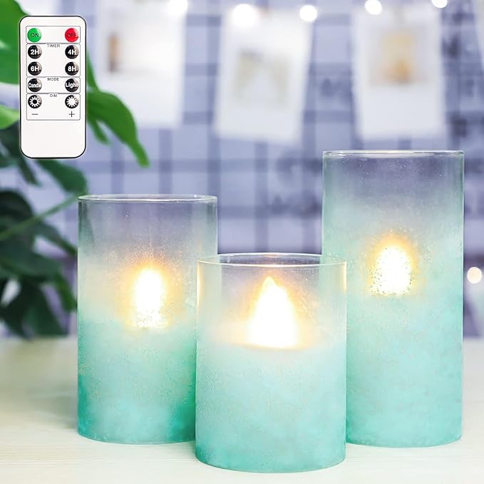 Blue Flameless Candles with Remote Aqua Glass Handmade Sandblast Battery Operated Candles Flickering Decorative LED Pillar Candles for Home Bathroom Coastal Theme Wedding Decorations