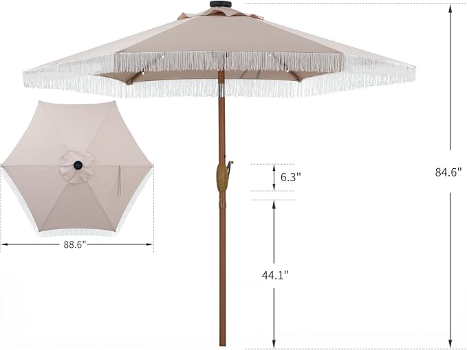 GDY 7.5ft Tassel Patio Umbrella and Matching Base, Outdoor Table Umbrella with 18 LED Lights,Market Umbrella with 6 Sturdy Ribs, with Push Button Tilt and Crank, Camel
