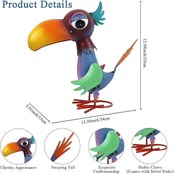 12'' Tall Bird Garden Statue for Outside, Lawn, Patio, Porch | Cheeky Metal Bird Sculpture Yard Art, Standing Bird Garden Decor