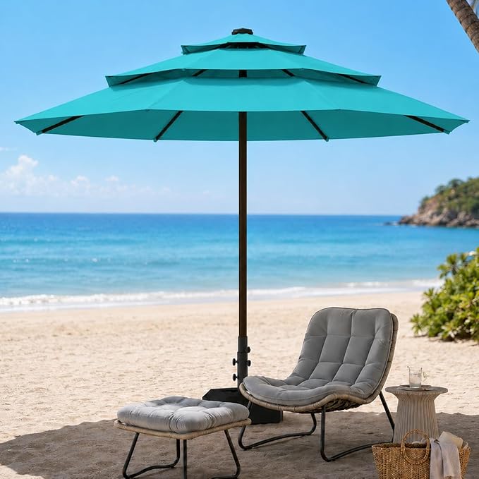 10ft Patio Umbrella, 3-Tier Vented Outdoor Table Umbrella with 8 Sturdy Fiberglass Ribs, Windproof Market Umbrella with Push Button Tilt and Crank, UV Protection for Deck, Pool, Turquoise Blue
