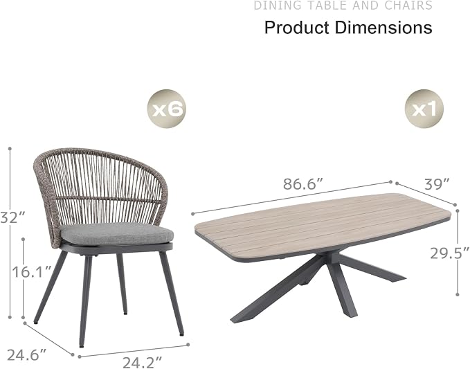SUNSITT 7 Piece Outdoor Patio Dining Set, Patio Dining Furniture Set with 87” Aluminum Dining Table w/X Base Legs and 6 Woven Wicker Outdoor Patio Chairs w/Removable Cushions for Garden, Dark Grey