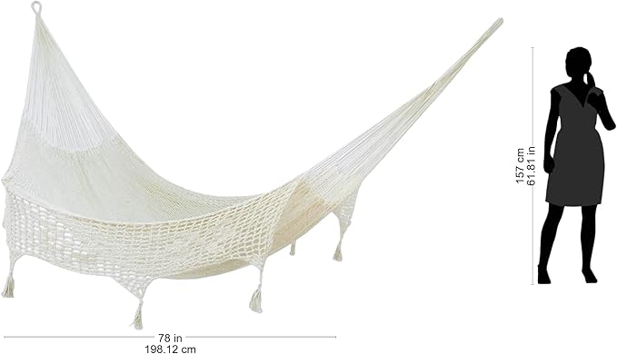 NOVICA Ivory Off White Hand Woven Cotton Mayan 2 Person XL Rope Hammock with Crochet Fringe, Caribbean Sands' (Double)