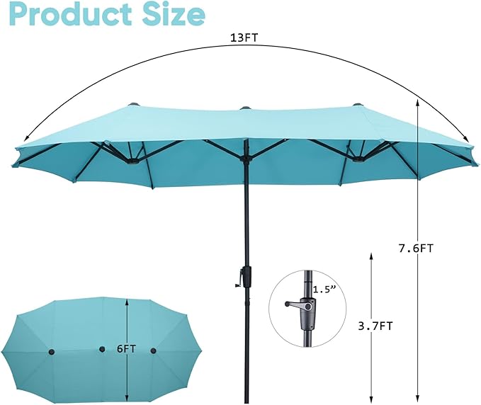 13Ft Large Patio Umbrella Outdoor Double-Sided Market Umbrella w/Easy Crank for Yard, Poolside, Deck, Blue