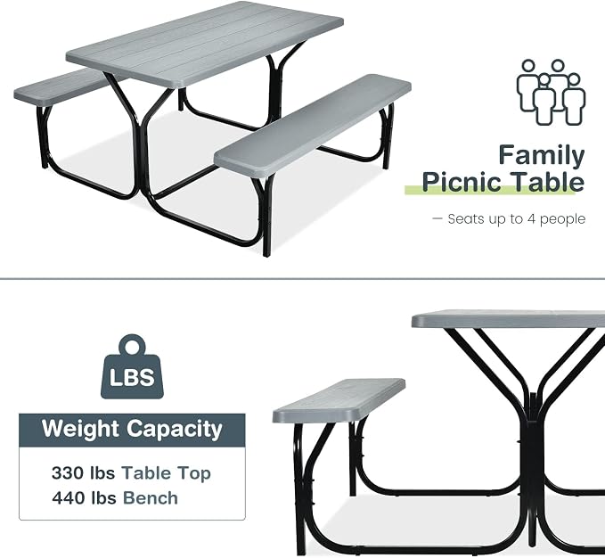 DORTALA Plastic Picnic Table for Outdoors, All Weather Faux Wood Patio Picnic Table Set with Benches for Outdoor, Cafeteria and Commercial, Gray
