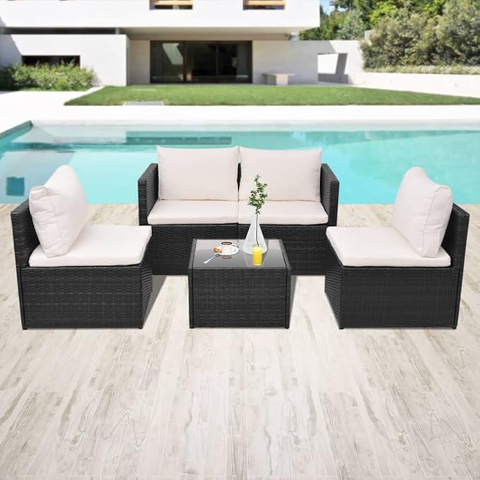 Patio Lounge Set with Cushions,Outdoor Patio Furniture,Conversation Furniture,Patio Furniture Sets,for Terrace,Garden,Backyard,5 Piece Poly Rattan Black