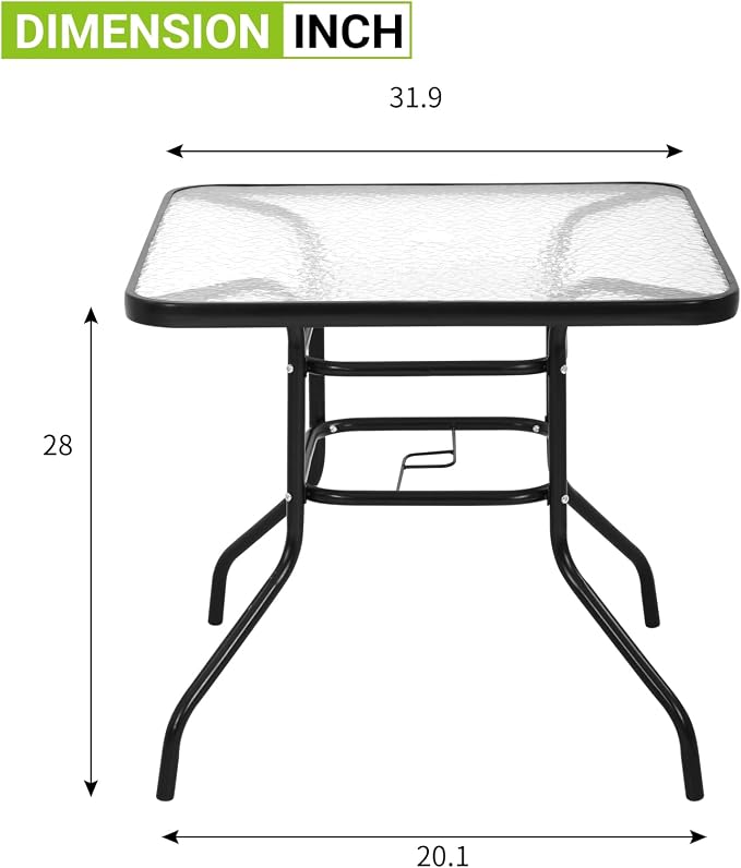 32 Inch Outdoor Bistro Table, Square Patio Table Tempered Glass Bistro Dining Set with Umbrella Hole for Garden, Balcony, Yard, Bars & Restaurant