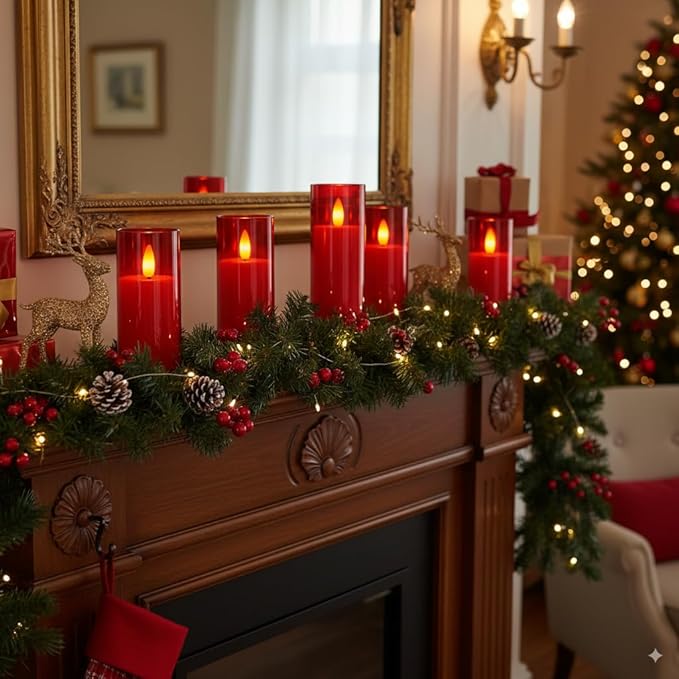 Homemory Decorative Flameless Candles, Battery Operated Candles with Remote & Timer, Flickering Led Pillar Candles, Plexiglass, Red, Pack of 9, D2.2 xH 5" 6" 7"