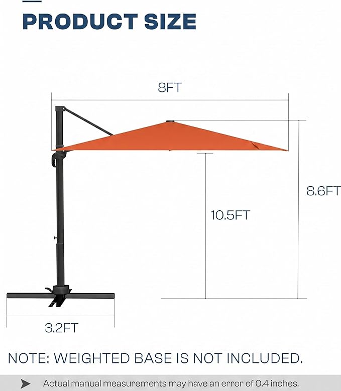 8' X 8' Patio Umbrella, Cantilever Umbrella with 360°Rotation, Offset Patio Umbrella with Easy Tilt & Fade Resistance for Pool Deck Garden Backyard, Orange (Base not Included)