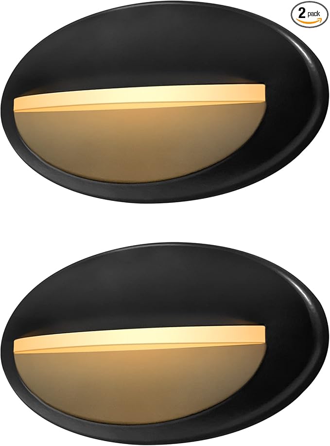 GKOLED 2-Pack Low Voltage LED Oval Riser Step Light, Landscape Stair Lights, 2W 40Lumen, 9-15V AC/DC, 2700K, Die-cast Aluminum, Powder Coated Finish, Matte Black, IP65 Waterproof for Outdoor