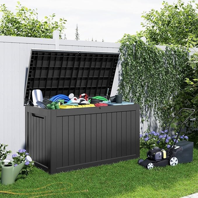PatioZen 281 Gallon Outdoor Deck Box,Waterproof Resin Outdoor Storage Boxes, Outside Storage Lockable Container for Garden Tools,Indooor Cushions,Accessories (Black)