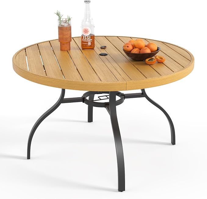 47" Round Outdoor Dining Table for 6, Metal Round Patio Table with Umbrella Hole, All-Weather Outdoor Patio Dining Table for Lawn Garden Deck Backyard (Brown)