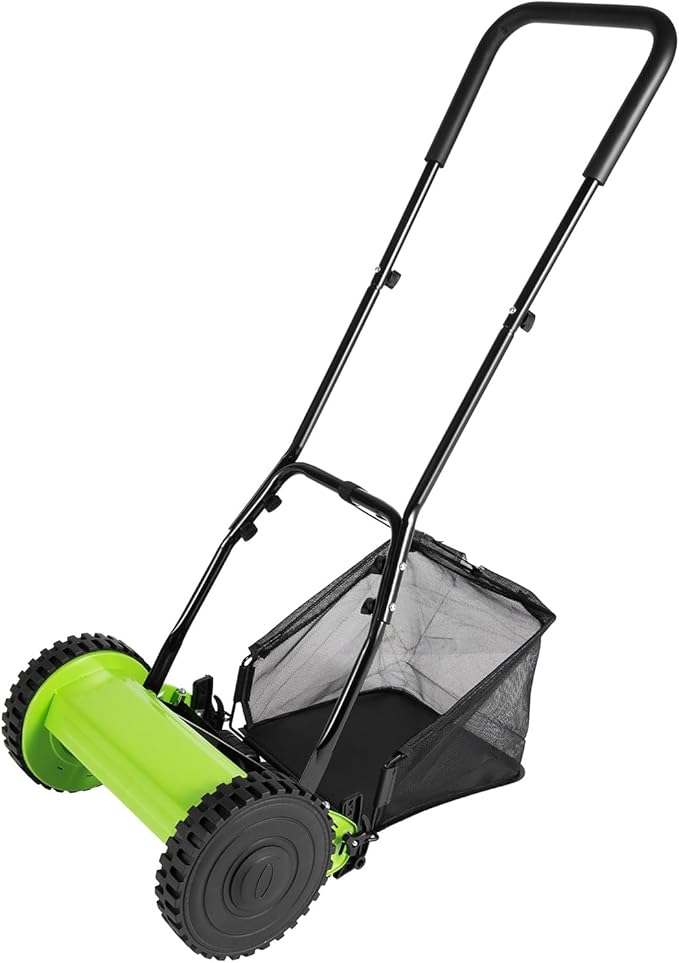12-Inch Push Reel Lawn Mower, Manual Lawn Mower with 5 Blades & 12″ Cutting Width, Large 6‑Gallon Collection Bag,0.67-1.3inch Adjustable Cutting Height for Yard & Garden Grass Cutting