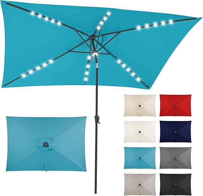 FLAME&SHADE 6.5 x 10 ft Rectangular Solar Powered Outdoor Market Patio Table Umbrella with LED Lights and Tilt, Aqua Blue