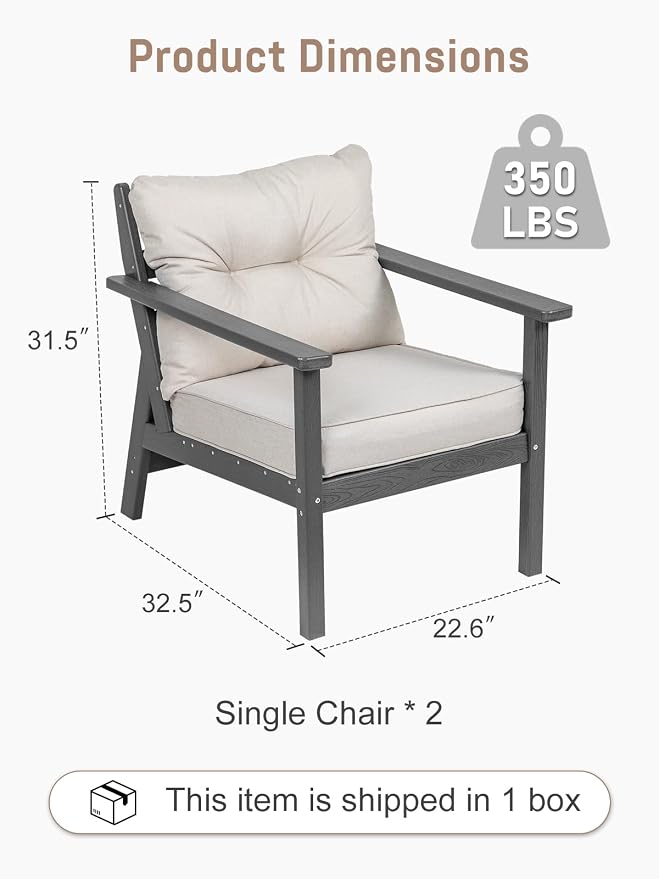 2 Seat Chair Set, HDPE Patio Conversation Set, Outdoor Patio Furniture | Water-Resistant Thick Cushion, HDPE All Weather, Wood-Grain, No Rot or Rust or Crack, UV Fade Shield, Easy-Clean for Outside