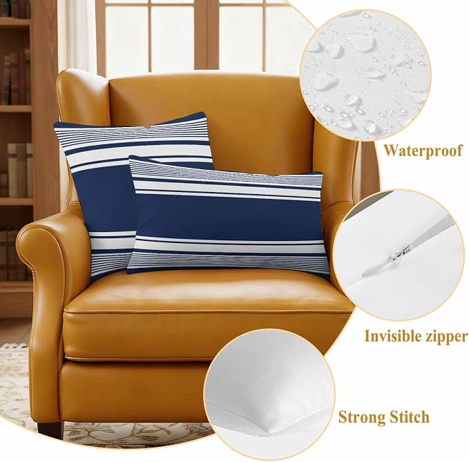 Outdoor Waterproof Throw Pillow Covers, Navy Blue Striped Decorative Pillow Cases, Modern Color Block Farmhouse Stripes Couch Pillow Protector Patio Sofa Cushion Covers Replacement 20"x12" 2 Pack
