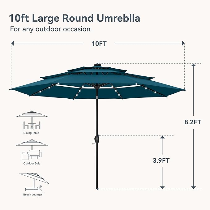 PHI VILLA 10ft Patio Umbrella with Light, Outdoor Large Auto-Tilt 3 Tier Market Table Umbrellas with 8 Sturdy Ribs and 1.5" Pole for Lawn Poolside Garden Terrace, Cyan